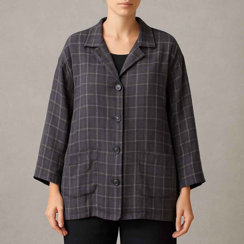 Linen Plaid Chore Shirt Jacket Oversized Button Front Lagenlook Women's Medium